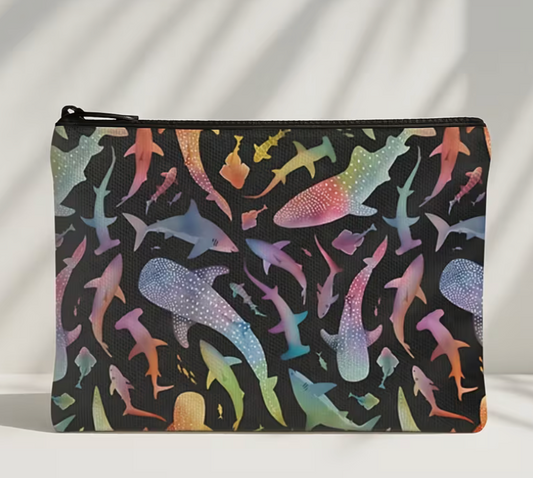 Front Image: black zipper pouch featuring colorful rainbow shark and ocean life silhouettes in an all-over marine-themed pattern