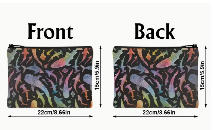 Size Image: front and back view of rainbow shark zipper pouch with dimensions displayed for travel and cosmetic storage use