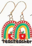Earrings with rainbow and apple design, labeled 'teach teacher', on a white background.