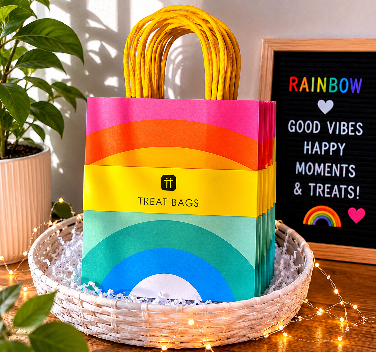 Pack of 8 rainbow-themed paper treat bags with yellow handles displayed in a white wicker basket with decorative lights, colorful party décor, and a rainbow-themed sign in the background, ideal for birthdays, Pride celebrations, party favors, and gift giving.