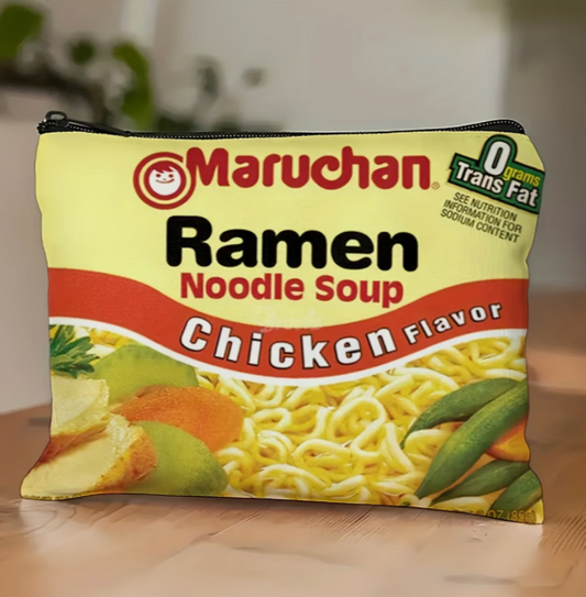 funny ramen noodle cosmetic bag inspired by instant chicken flavor noodle soup packaging with colorful food-themed design