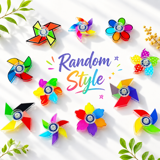 Collection of colorful random style rainbow fidget spinners arranged around text reading Random Style