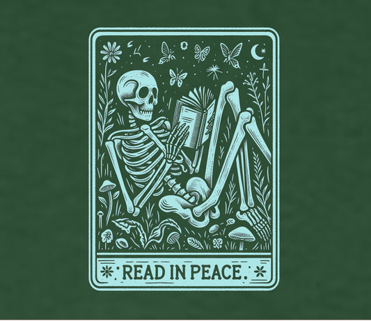 Skeletal figure reading a book with nature elements and 'Read in Peace' text on a green background