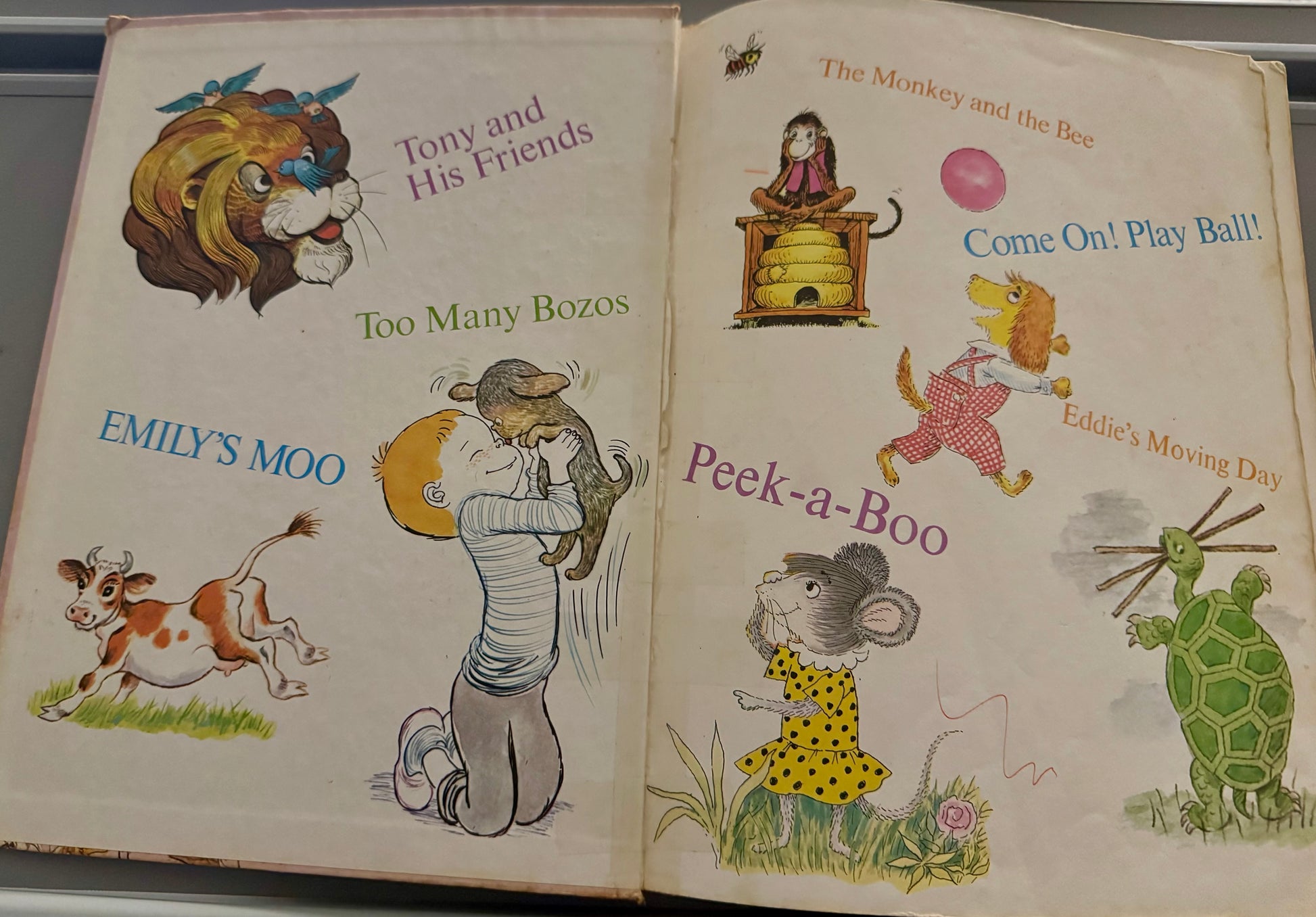 Vintage Read-It-Yourself Storybook by Golden Book showing illustrated contents pages with classic children’s stories and animal artwork