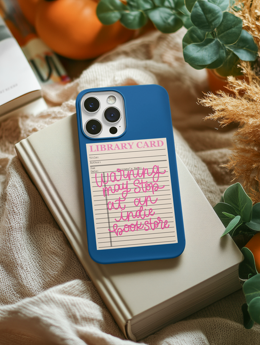 indie bookstore sticker on phone case styled with cozy book aesthetic