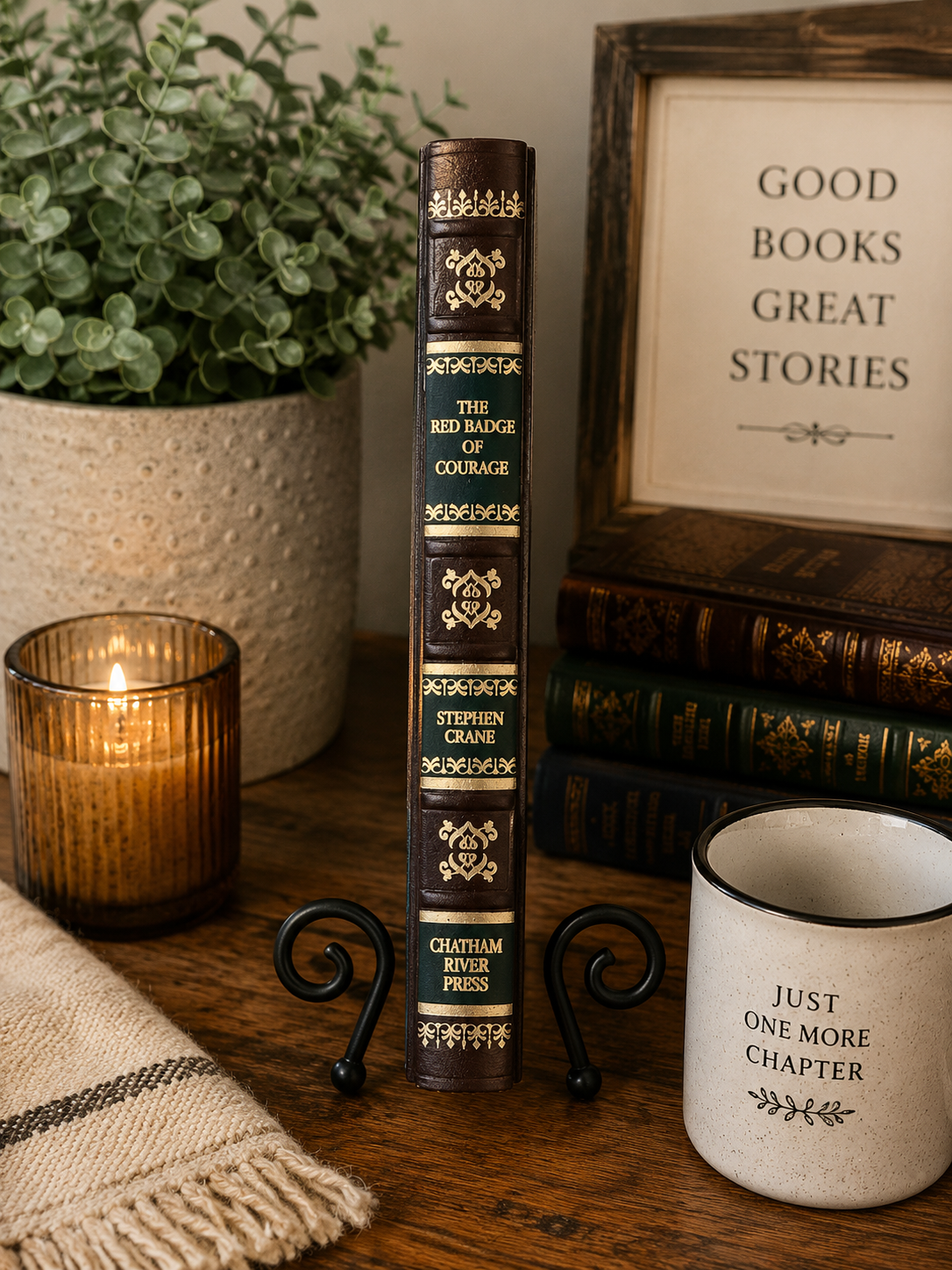 Gilt decorated bonded-leather spine of The Red Badge of Courage by Stephen Crane, Chatham River Press Classics edition.