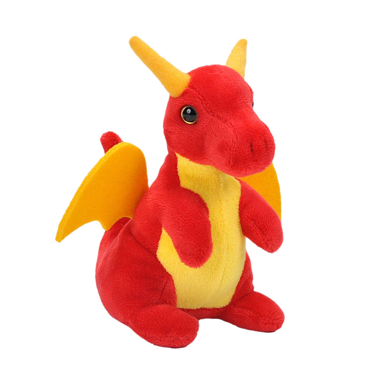 Red plush dragon toy with yellow wings and yellow belly, sitting upright and smiling.