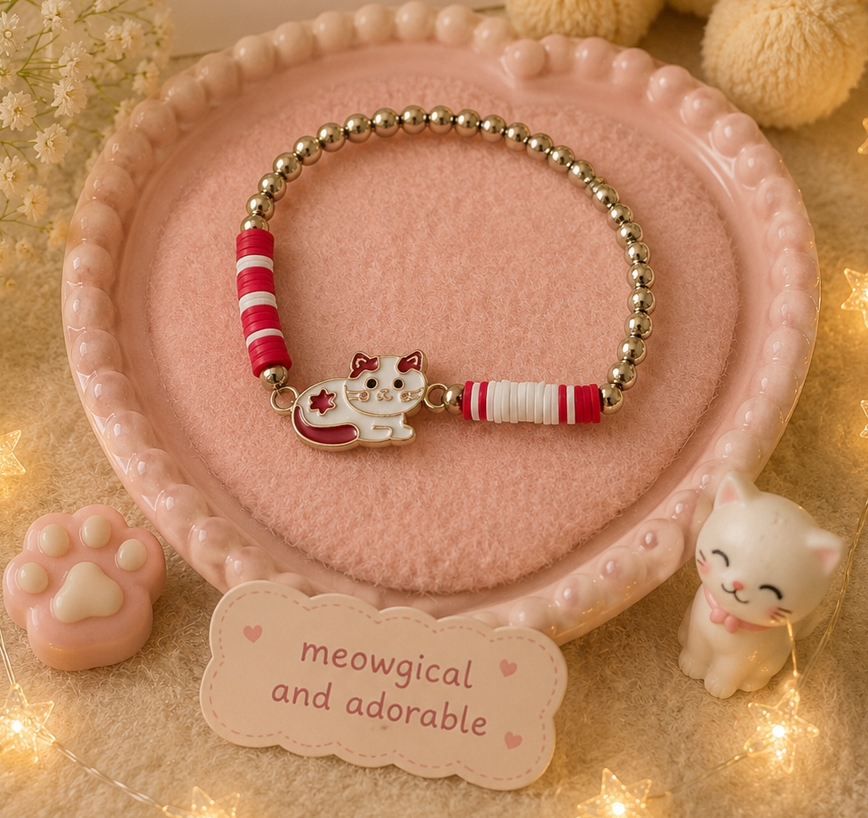 Red and white kitten elastic bracelet with cute cat charm and gold-tone beads