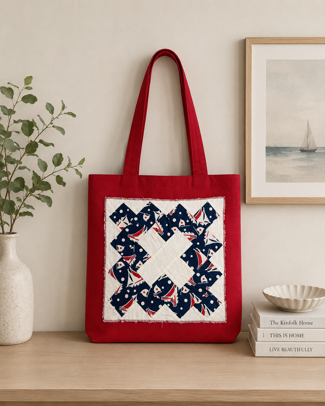 Red canvas tote bag with blue and white nautical patchwork quilt block design