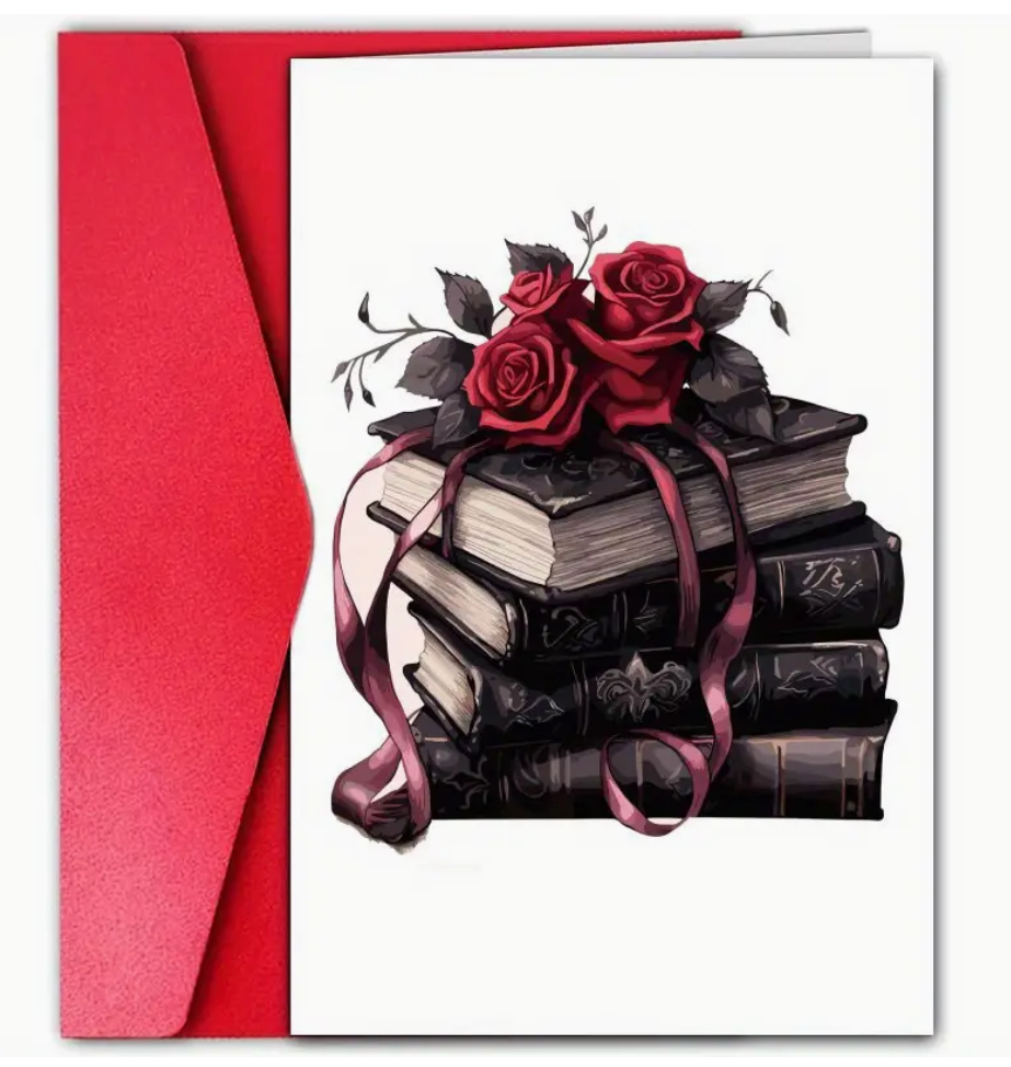 A bookish greeting card featuring a stack of black books with vibrant red roses on top, perfect for book lovers or literary-themed occasions.