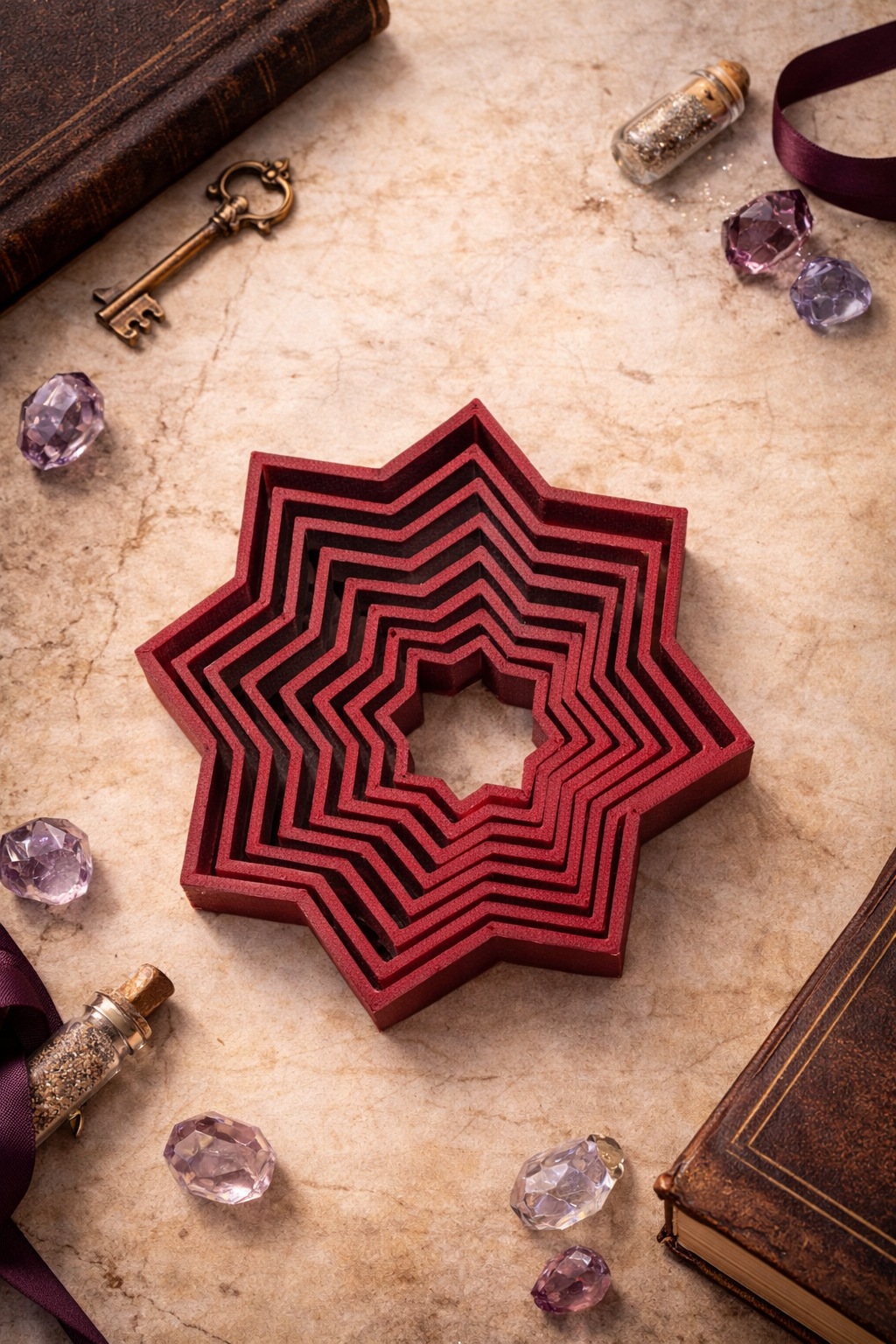 Red and black geometric star-shaped box on a textured surface with books and crystals around