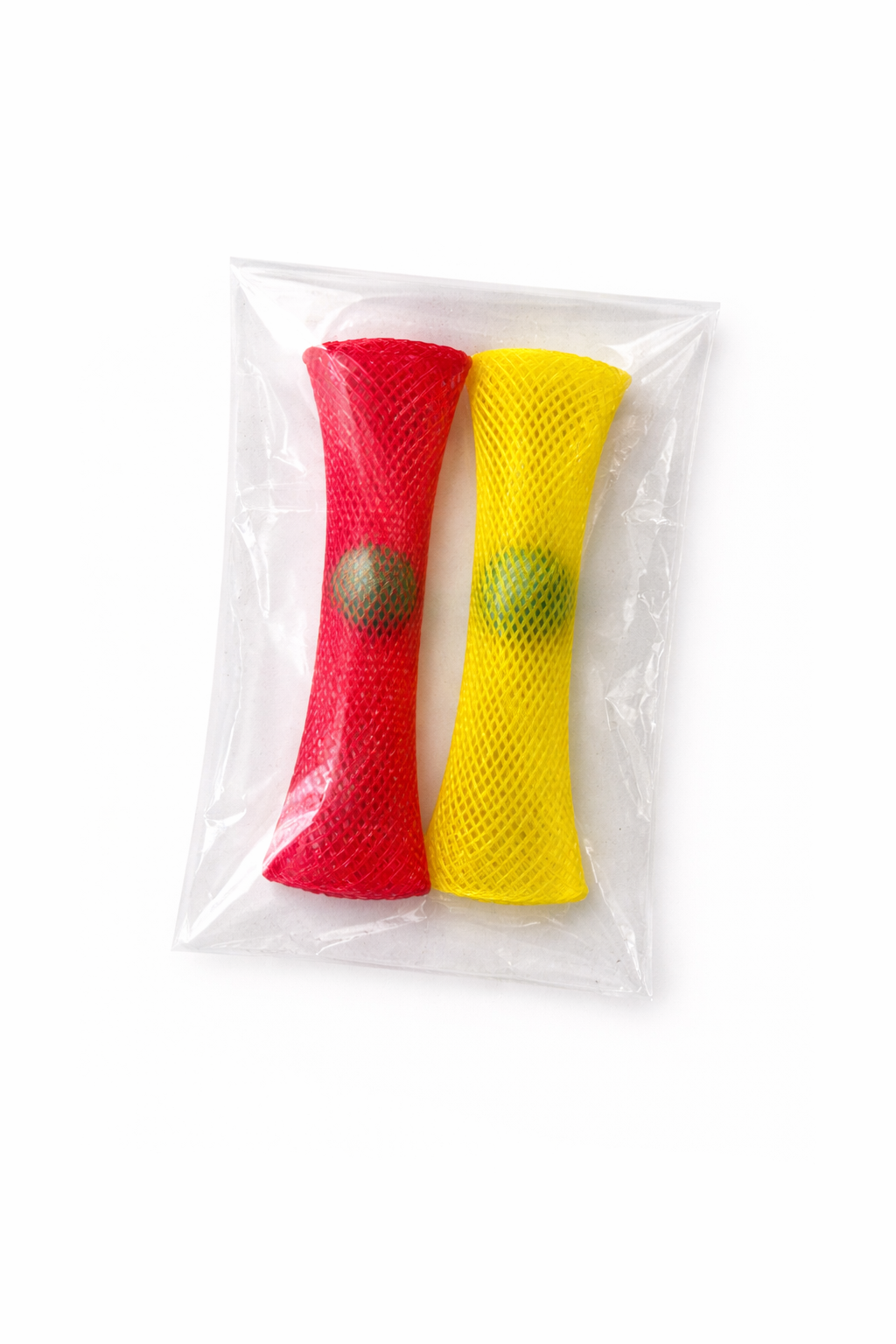 Red and yellow braided mesh marble fidget toys in clear plastic packaging with green marble centers visible through mesh.