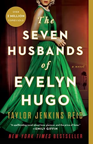 The cover of the book 'The Seven Husbands of Evelyn Hugo' featuring the author's name, Taylor Jenkins Reid, and a description as a New York Times bestseller.