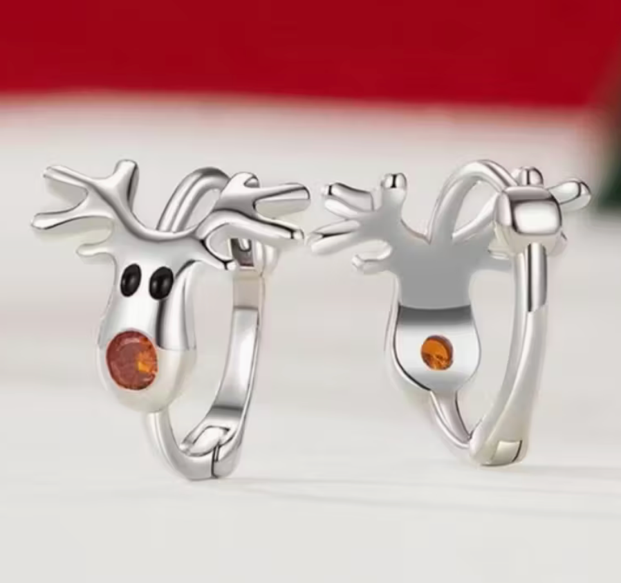 Side and back view of reindeer hoop earrings showing antlers and orange nose details.