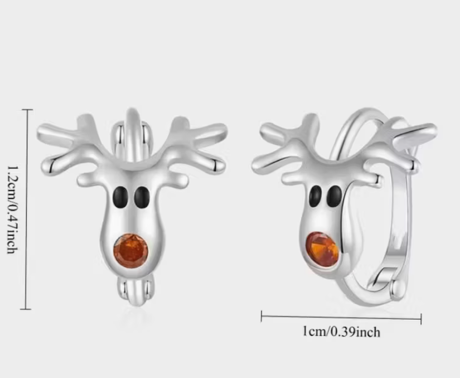 Size measurement image showing small silver reindeer earrings with antlers and orange nose.