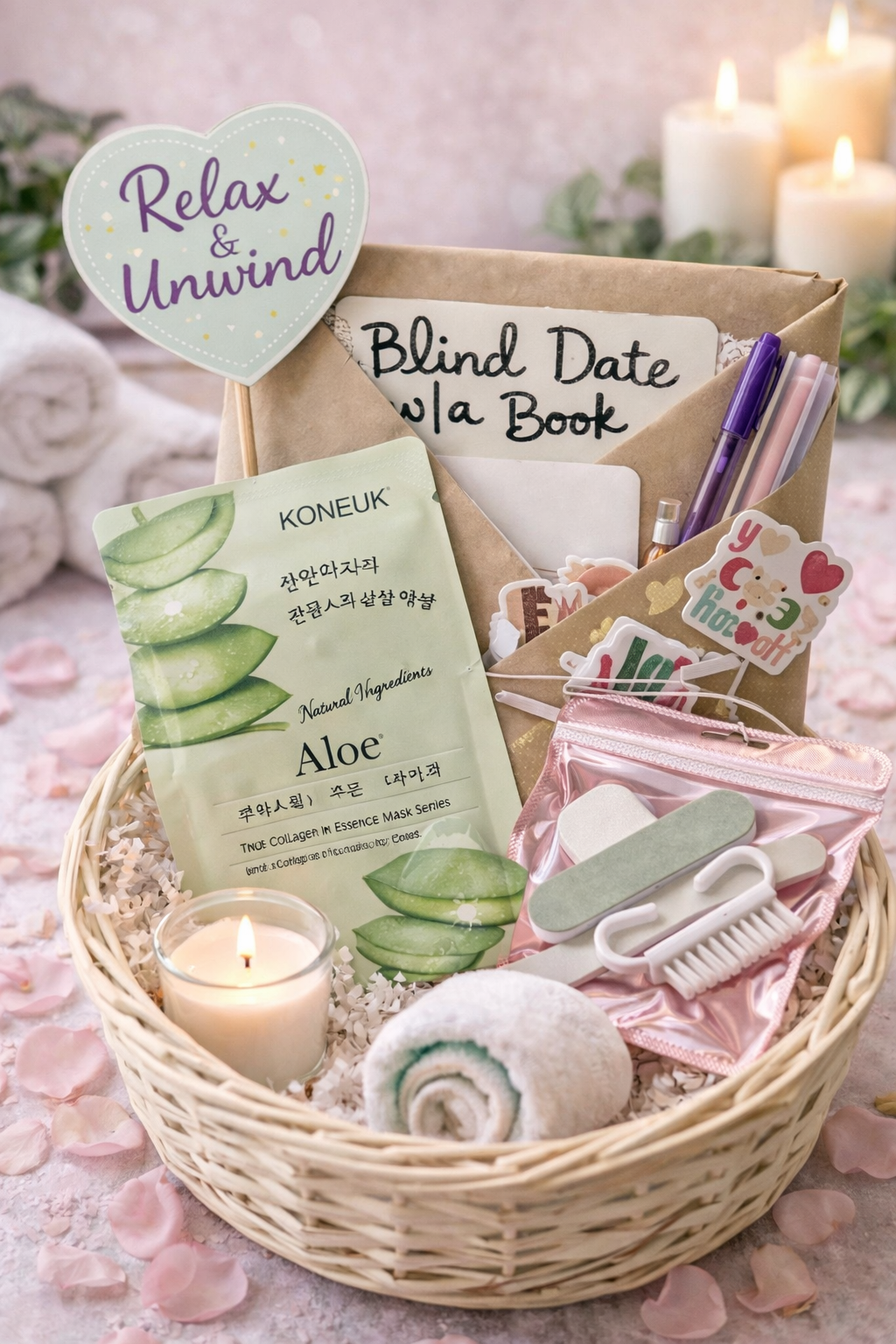 Gift basket with aloe vera packets, candles, and stationery items on a soft pink background.