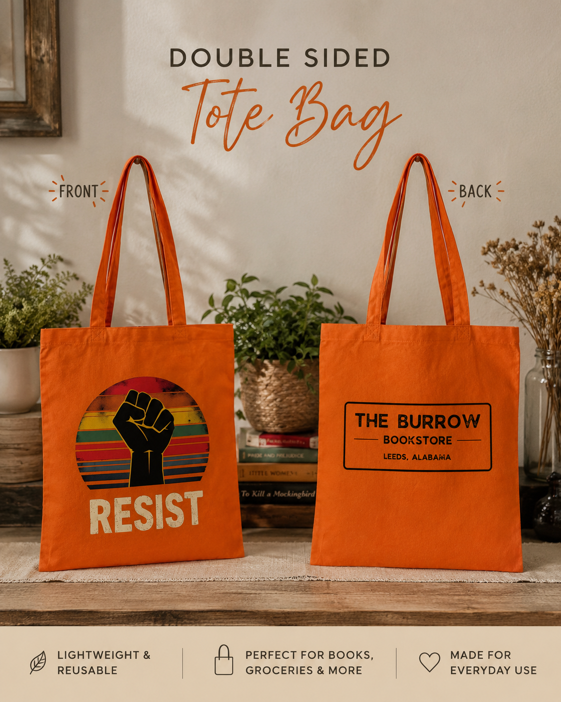 Orange canvas tote bag with a Resist graphic on the front and The Burrow Bookstore logo on the back.