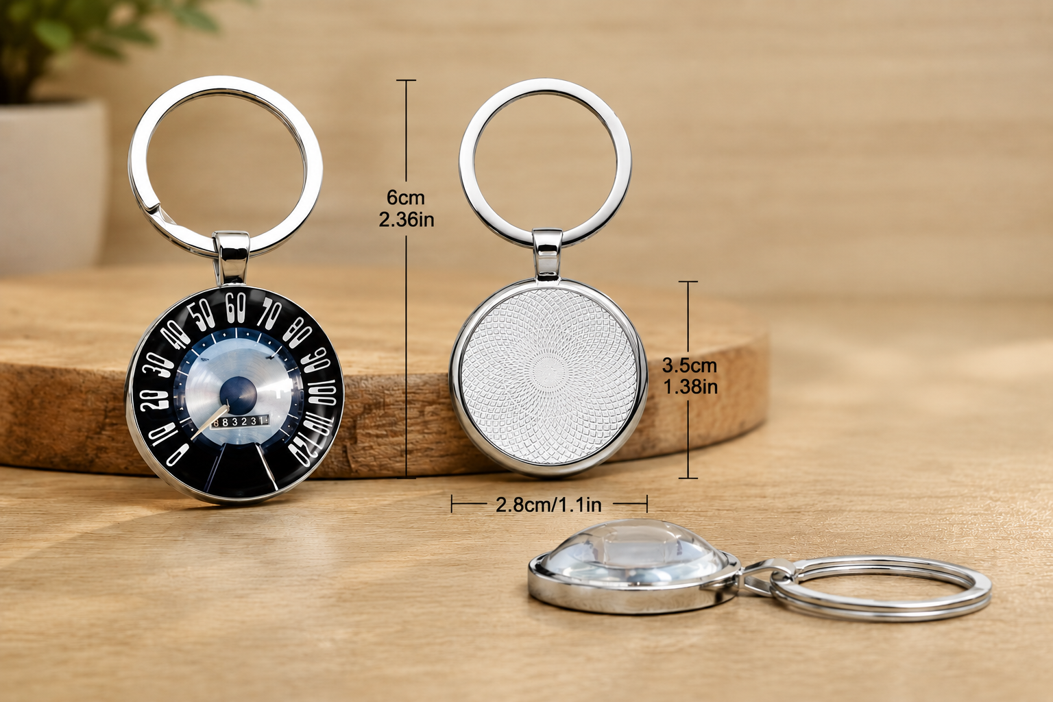 Retro car speedometer keychain with vintage odometer design and silver key ring on wood background