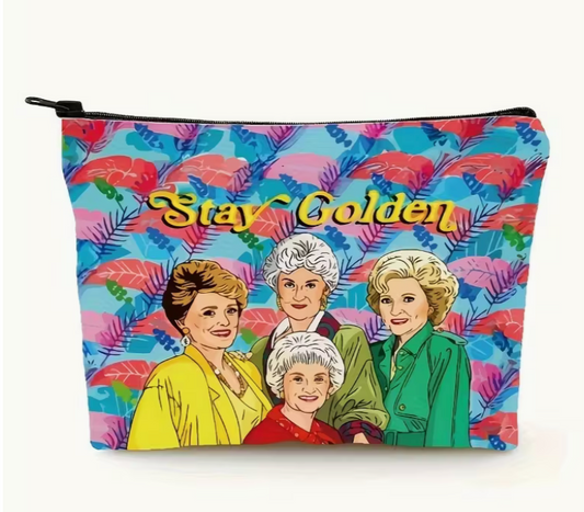 retro-inspired colorful friendship makeup bag with tropical background and vintage television aesthetic