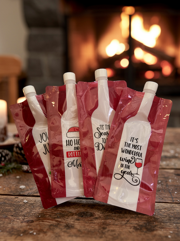Four red and white wine pouches with Christmas-themed text on a wooden surface in front of a fireplace.