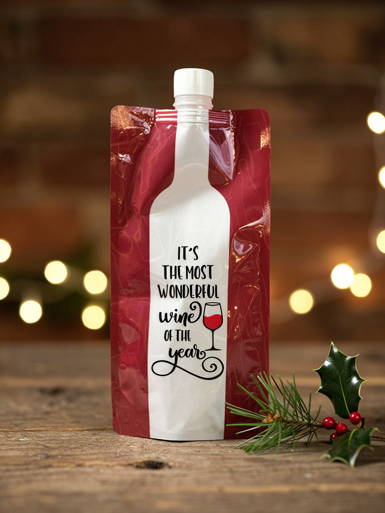 Red and white wine pouch with decorative text on a wooden surface with blurred lights in the background