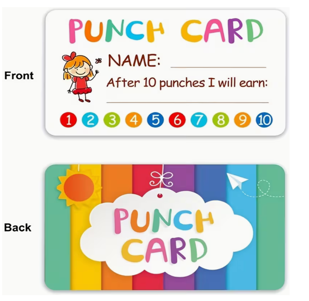 Colorful punch card with a child's illustration on the front and rainbow design on the back.