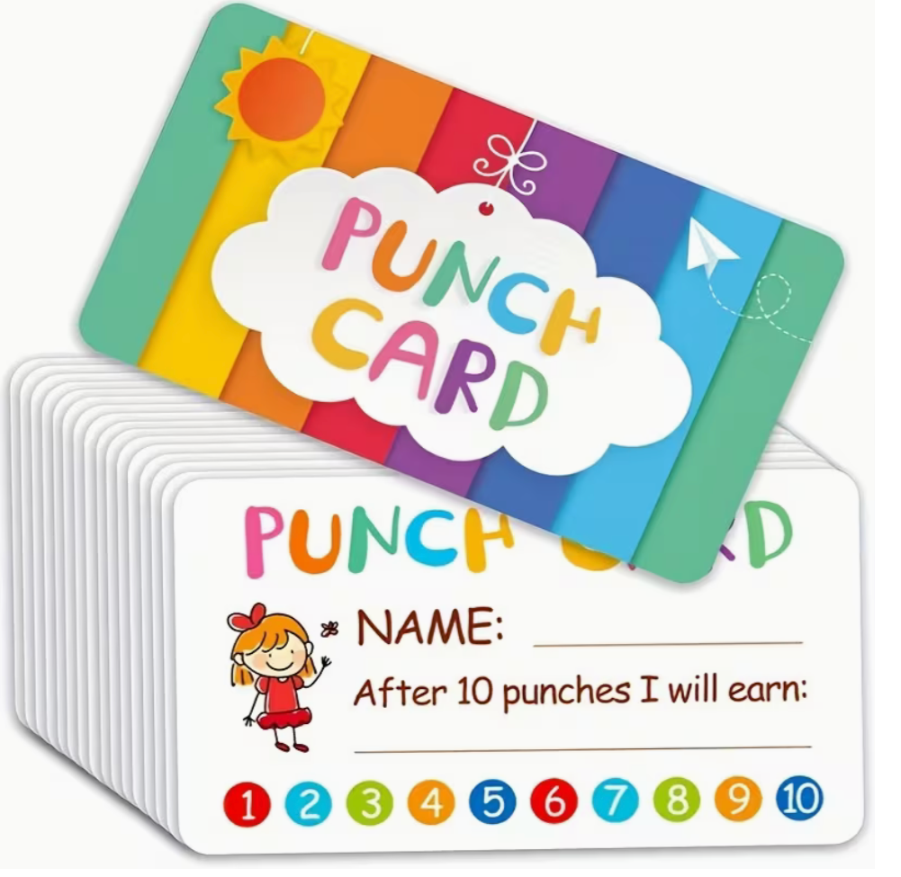 Colorful punch card with a cloud design and colorful border on a white background.