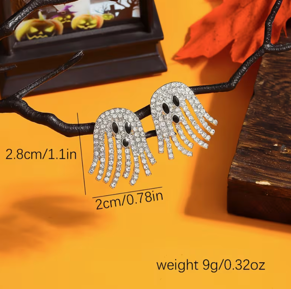 Rhinestone Halloween ghost earrings measuring approximately 1.1 inches tall by .78 inches wide