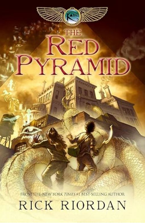 Cover of The Red Pyramid by Rick Riordan, featuring siblings Carter and Sadie Kane standing before an imposing Egyptian pyramid with hieroglyphics glowing in the background.