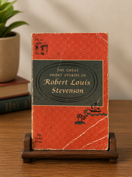 Vintage 1959 Pocket Library edition of The Great Short Stories of Robert Louis Stevenson displayed on a wooden book stand