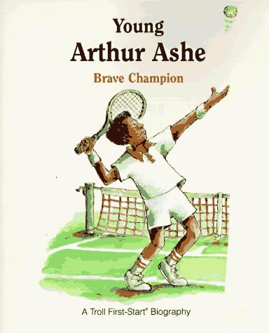 Illustration of a young Arthur Ashe playing tennis, titled 'Young Arthur Ashe Brave Champion'