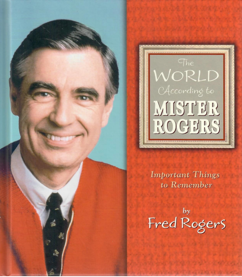 Book cover of 'The World According to Mister Rogers' with a portrait of Fred Rogers on a red background.