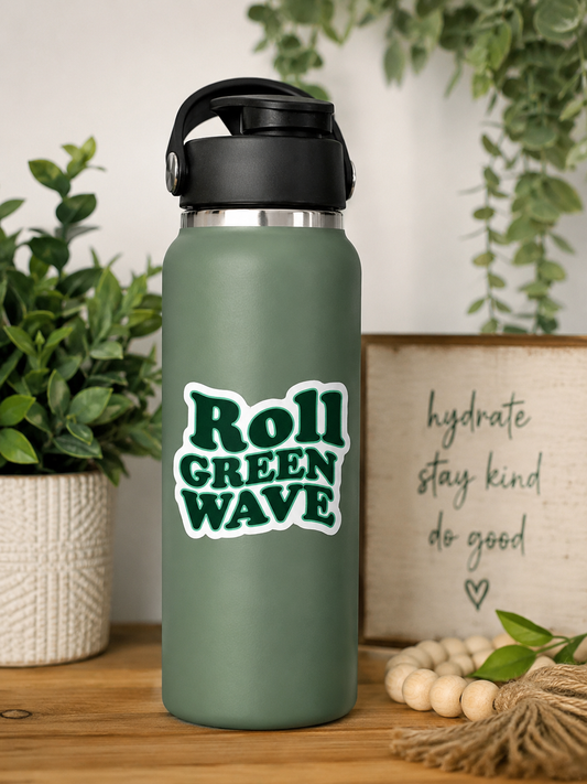 3-inch waterproof vinyl Roll Green Wave sticker displayed on a sage green insulated water bottle.