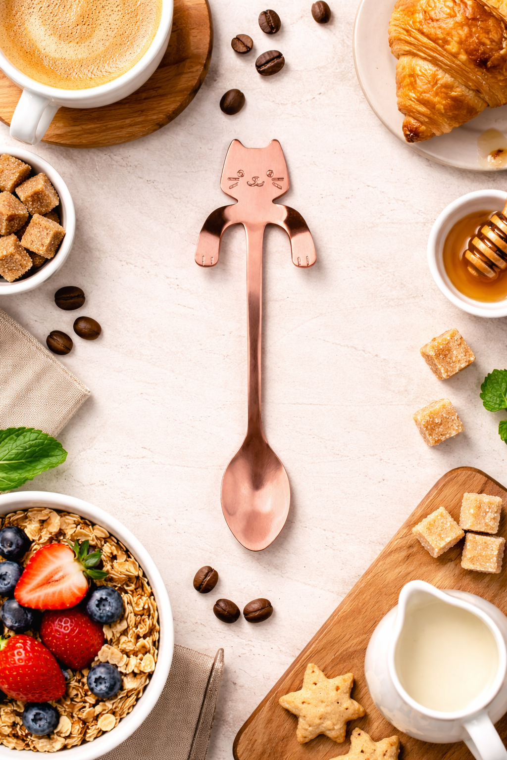 Rose gold stainless steel kawaii cat spoon styled in a breakfast flat lay with coffee, croissant, honey, sugar cubes, granola, and fresh berries.