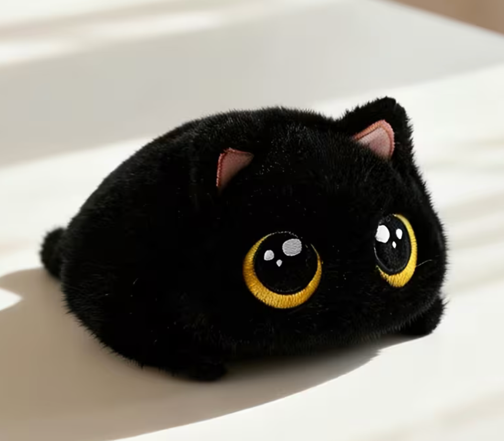Black round cat plush toy with yellow eyes