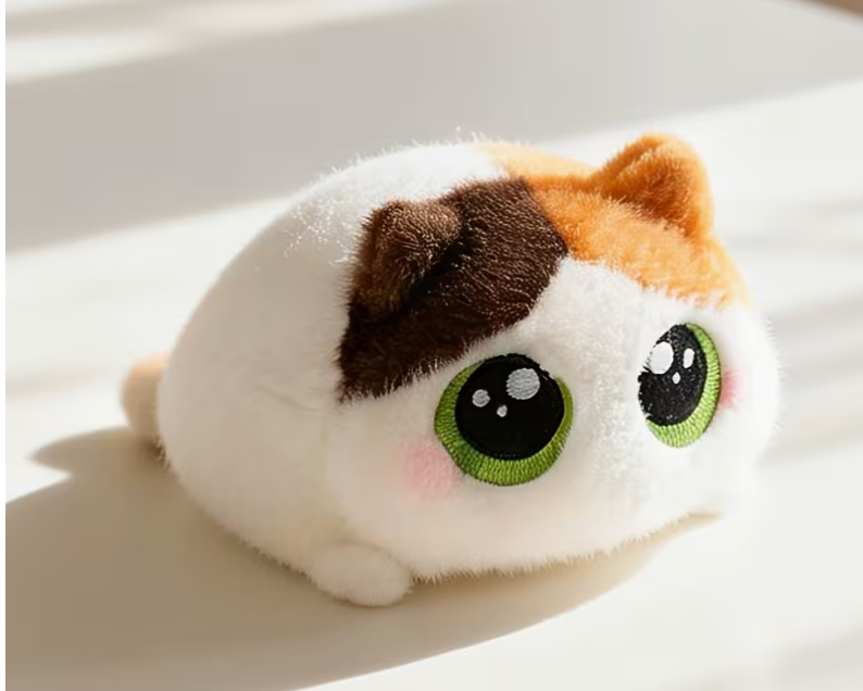 Calico round cat plush toy with green eyes and pink cheeks