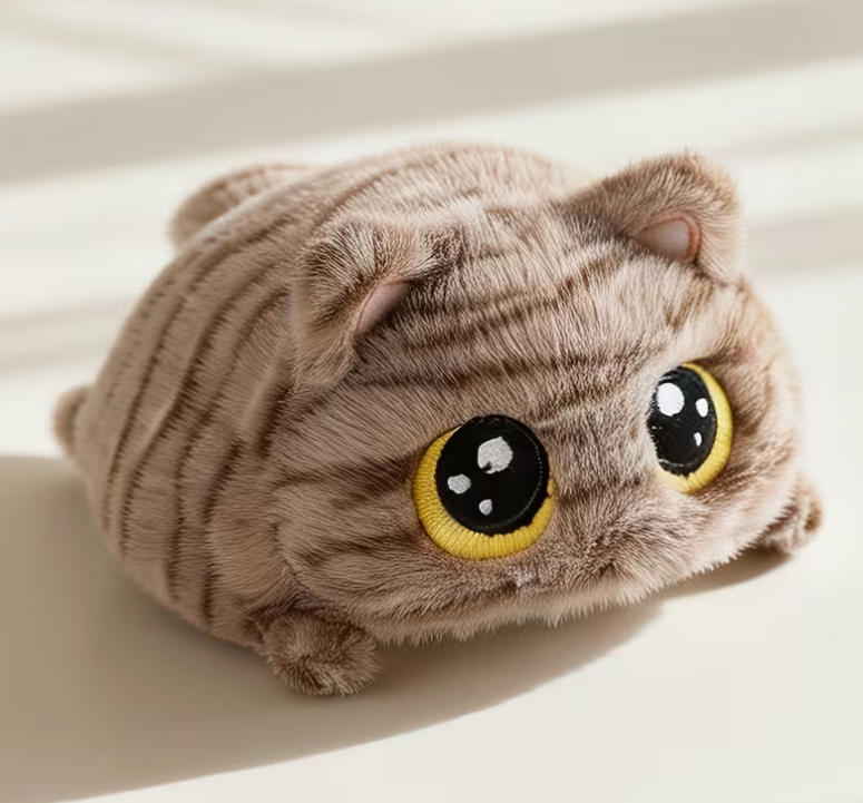 Gray tabby round cat plush toy with yellow eyes