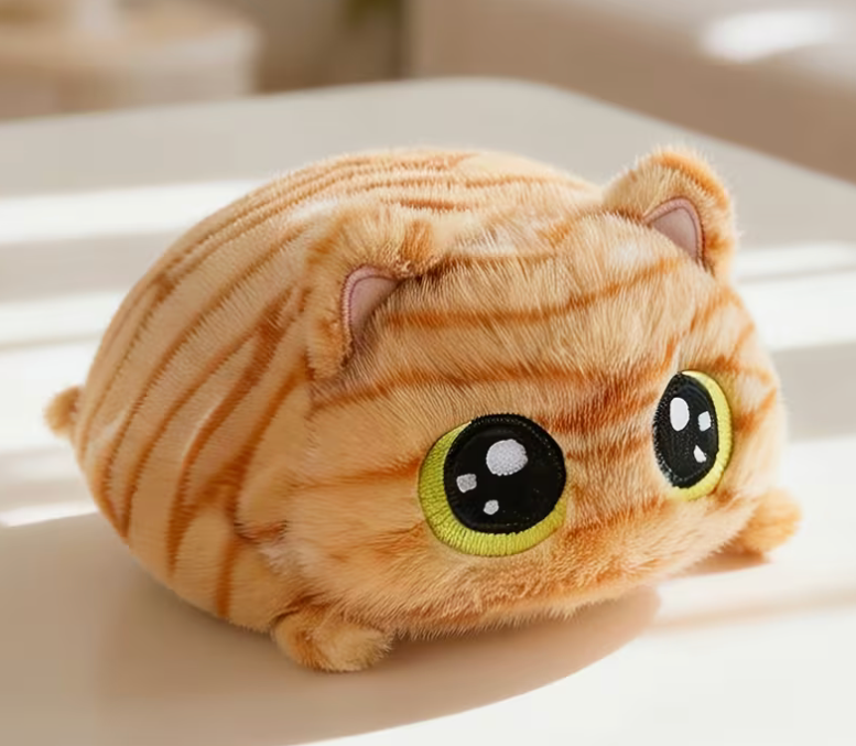 Orange tabby round cat plush toy with green eyes