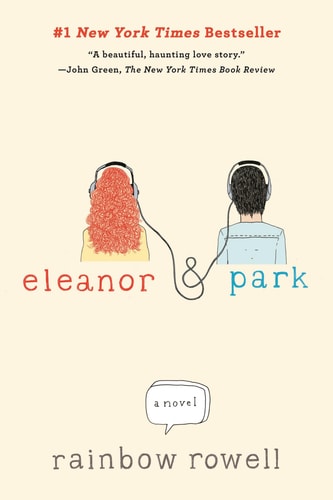 The cover image of the book 'Eleanor & Park' by Rainbow Rowell, featuring illustrations of the main characters, Eleanor and Park, with the title text included.