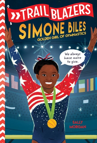 Book cover of 'Trail Blazers: Simone Biles Golden Girl of Gymnastics' with a gymnast character holding a banner.