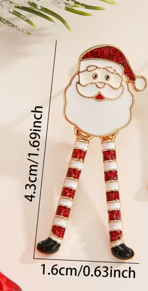 Close-up of Santa Claus drop earring with size measurements showing red glitter striped legs and gold-tone outline