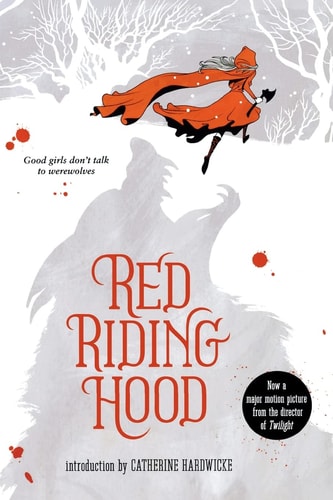 Book cover of 'Red Riding Hood' with a silhouette of a woman in an orange dress and awerewolf.