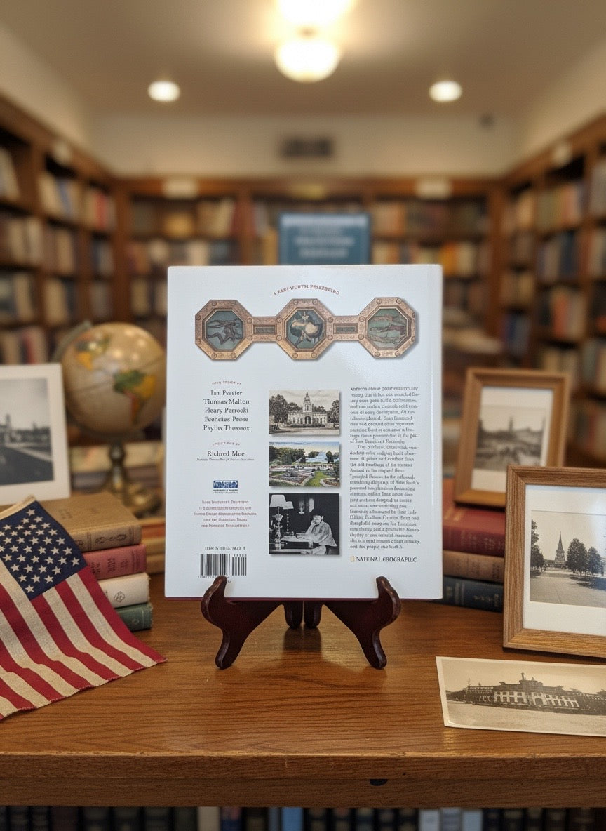 Back cover of Saving America's Treasures featuring historic preservation images and book summary, displayed on a stand.