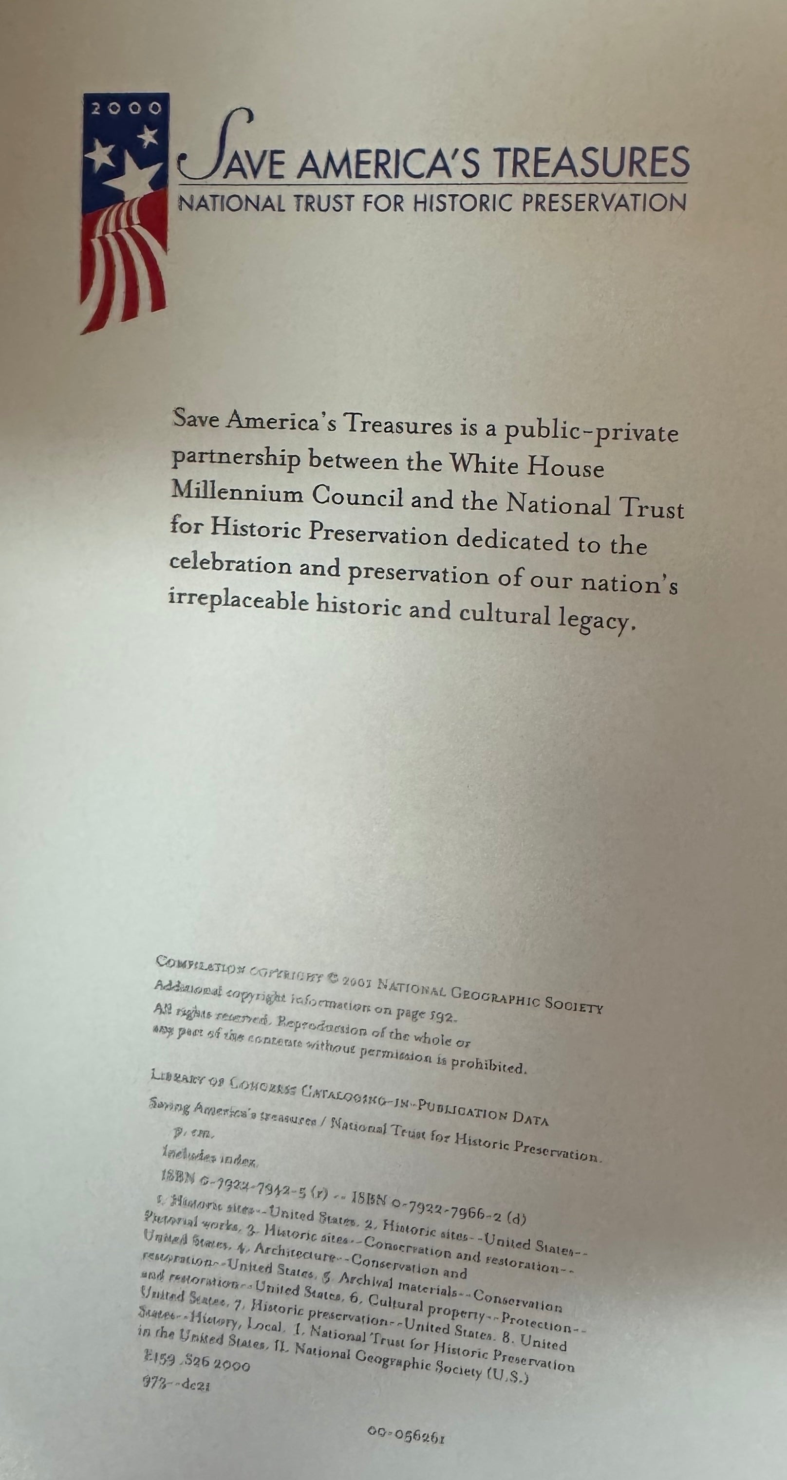 Copyright and publication information page from Saving America's Treasures, published by National Geographic in 2000.