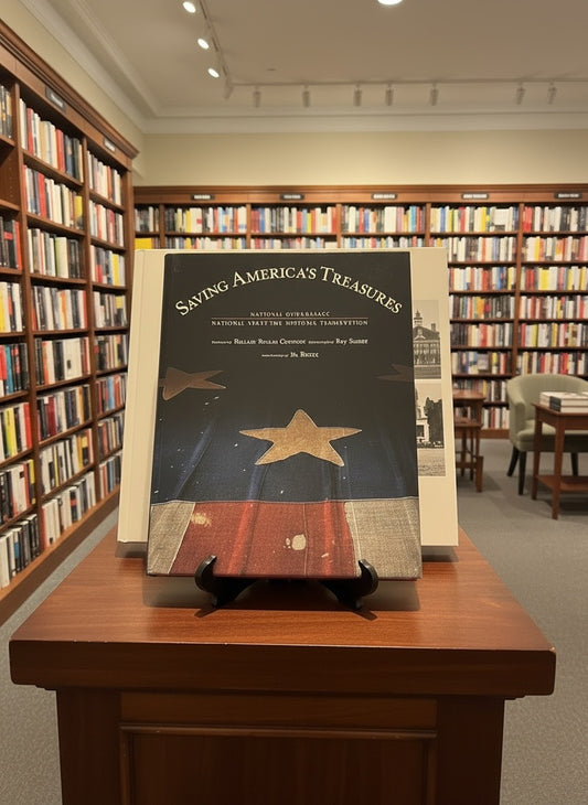 Front, spine, back cover, and copyright page of Saving America's Treasures, a National Geographic hardcover book about historic preservation, displayed on a stand in a bookstore.