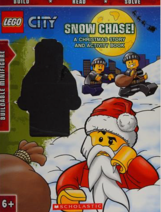 Front cover of Lego City Snow Chase by Scholastic shown on a snowy background, action filled winter Lego adventure for kids
