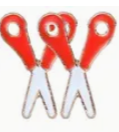Three red and silver clothespins on a white background
