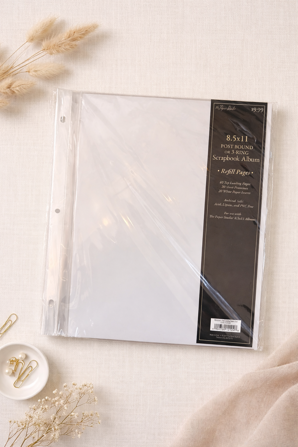 8.5x11 scrapbook album refill pages pack by The Paper Studio with post bound and 3 ring punched page protectors and white paper inserts