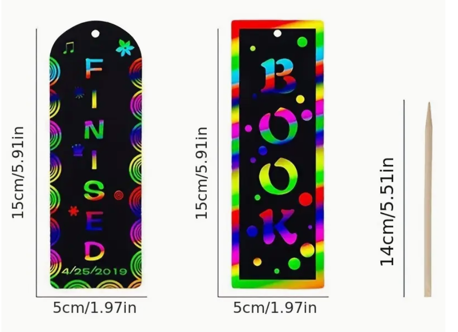 DIY rainbow scratch paper bookmark kit with 3 bookmarks, 3 ribbons, and a wooden scratch pen for designing colorful personalized bookmarks.