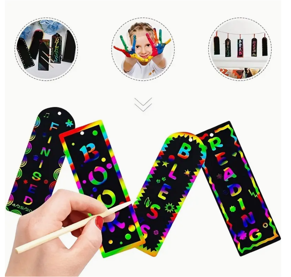 DIY rainbow scratch paper bookmark kit with 3 bookmarks, 3 ribbons, and a wooden scratch pen for designing colorful personalized bookmarks.